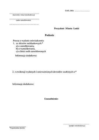 WoWZZ-Ł (do) Podanie o wydanie zaświadczenia ze zbiorów meldunkowych o zameldowaniu/o wymeldowaniu/o ilości zameldowanych