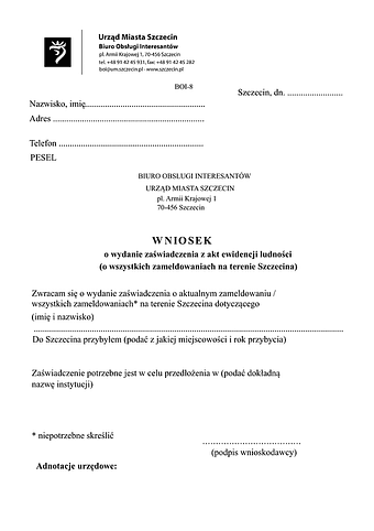 WoWZZ-Sz (wsz) Wniosek o wydanie zaświadczenia o wszystkich zameldowaniach na terenie miasta Szczecin