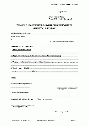 WoUD-Op(w) Wniosek o udostępnienie danych z operatu ewidencji gruntów i budynków (właściciel) Opole