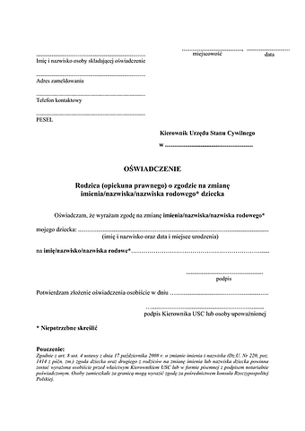 OZIM(OR) Oświadczenie rodzica (opiekuna prawnego) o zgodzie na zmianę imienia/nazwiska/nazwiska rodowego dziecka