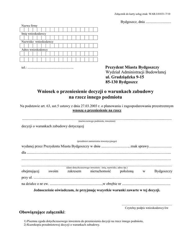 WoPDB-B Wniosek o przeniesienie decyzji o warunkach zabudowy na rzecz innego podmiotu Bydgoszcz 