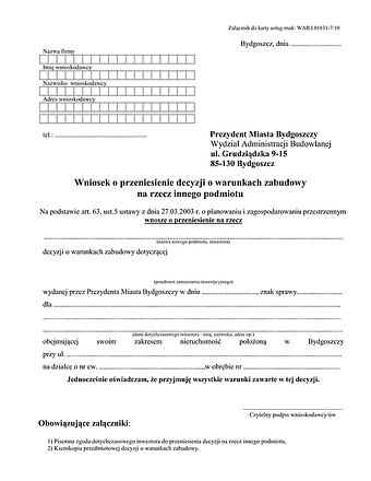 WoPDB-B Wniosek o przeniesienie decyzji o warunkach zabudowy na rzecz innego podmiotu Bydgoszcz 