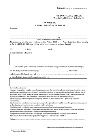 WoZDPB-K Wniosek o zmianę decyzji o pozwoleniu na budowę Kielce