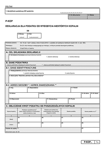 P-KOP (1) Deklaracja dla podatku od wydobycia niektórych kopalin