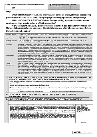 VAP-R (1) Zgłoszenie rejestracyjne informujące o zamiarze skorzystania ze szczególnej procedury rozliczania VAT z tytułu usług międzynarodowego przewozu okazjonalnego - Application for registration notifying of
