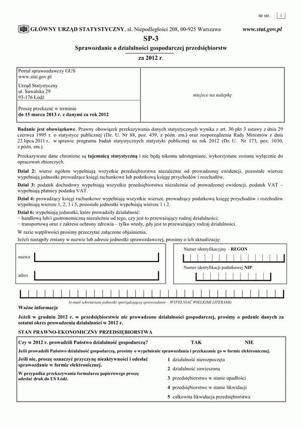 GUS SP-3 (2012) (archiwalny) Sprawozdanie o działalności gospodarczej przedsiębiorstw za 2012 r.