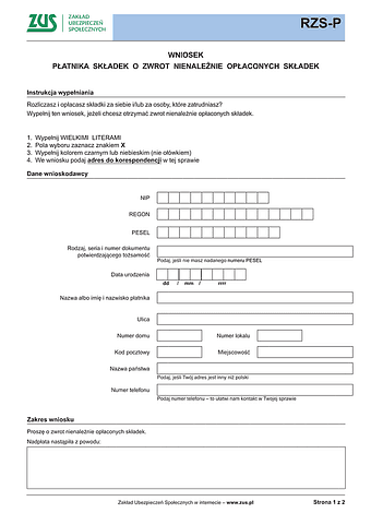 ZUS RZS-P Wniosek płatnika składek o zwrot nienależnie opłaconych składek