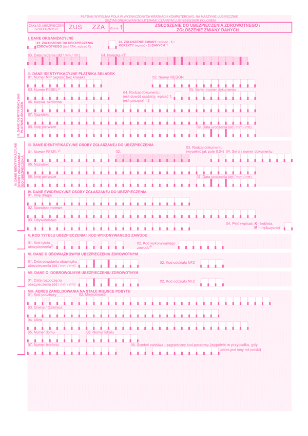 ZUS ZZA Zgłoszenie do ubezpieczenia zdrowotnego / zgłoszenie zmiany danych
