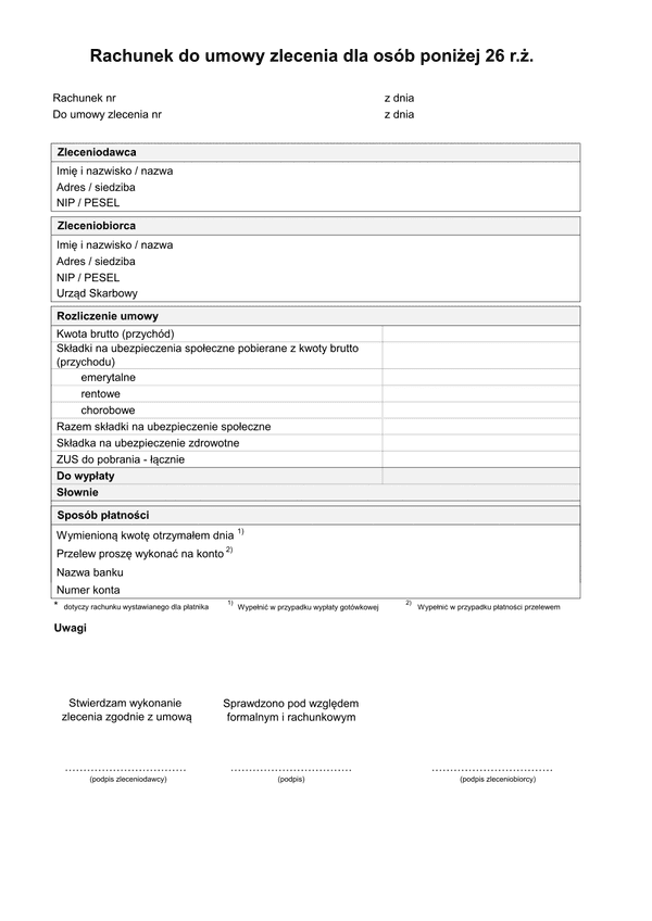 RdUZ-26 (archiwalny) (2021) Rachunek do umowy zlecenia  dla osób poniżej 26 r.ż.