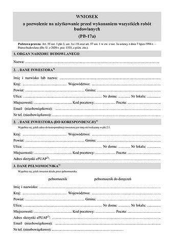 PB-17a Wniosek o pozwolenie na użytkowanie przed wykonaniem wszystkich robót budowlanych