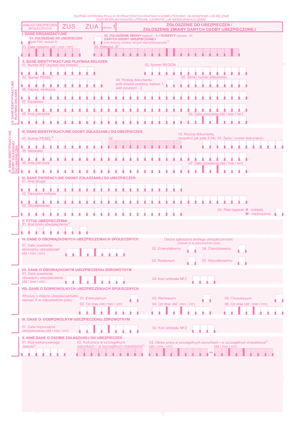 ZUS ZUA Zgłoszenie do ubezpieczeń/zgłoszenie zmian danych osoby ubezpieczonej