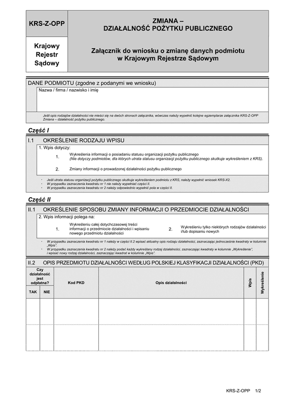 KRS-Z-OPP Zmiana - działalność pożytku publicznego - załącznik do wniosku o zmianę danych podmiotu w Krajowym Rejestrze Sądowym