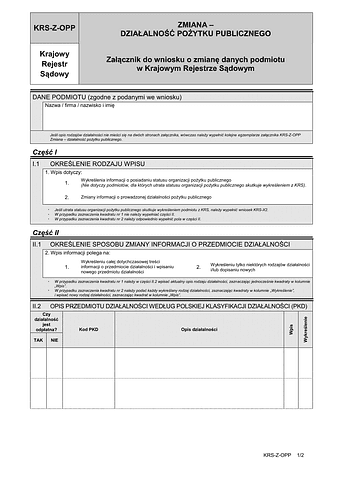 KRS-Z-OPP Zmiana - działalność pożytku publicznego - załącznik do wniosku o zmianę danych podmiotu w Krajowym Rejestrze Sądowym
