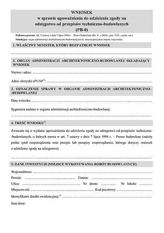 PB-0 Wniosek w sprawie upoważnienia do udzielenia zgody na odstępstwo od przepisów techniczno-budowlanych