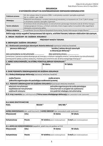 DWOOK-T Deklaracja o wysokości opłaty za gospodarowanie odpadami komunalnymi  - Toruń