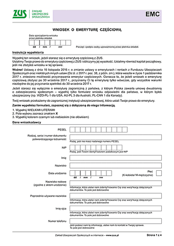 ZUS EMC Wniosek o emeryturę częściową