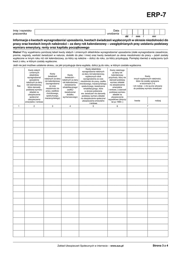 ZUS ERP-7 zal Załącznik do zaświadczenia o zatrudnieniu i wynagrodzeniu