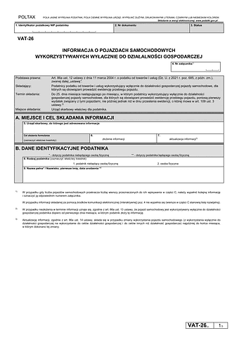VAT-26 Informacja o pojazdach samochodowych wykorzystywanych wyłącznie do działalności gospodarczej
