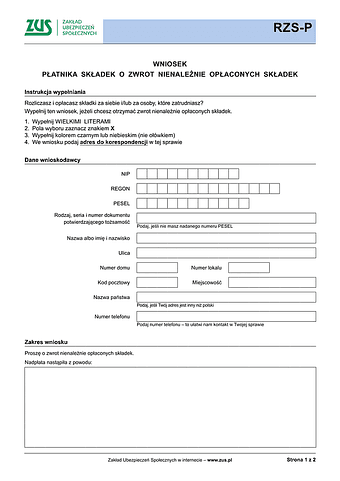 ZUS RZS-P Wniosek płatnika składek o zwrot nienależnie opłaconych składek - wersja papierowa