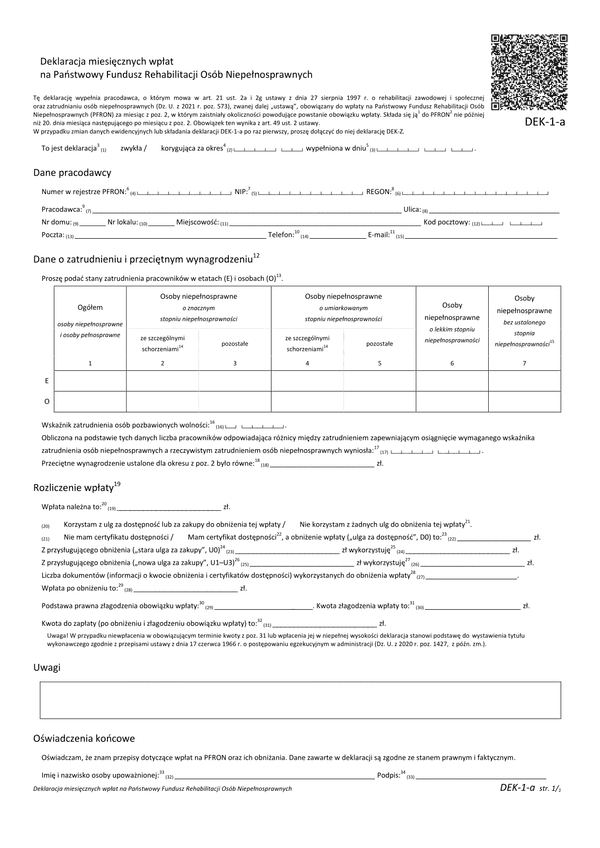 PFRON DEK-1-a (archiwalny) Deklaracja miesięcznych wpłat na Państwowy Fundusz Rehabilitacji Osób Niepełnosprawnych