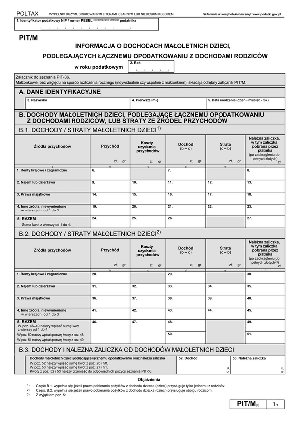 PIT/M (8) (archiwalny) (2021) Informacja o dochodach małoletnich dzieci, podlegających łącznemu opodatkowaniu z dochodami rodziców