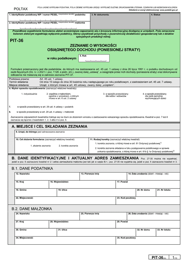 PIT-36 (29) (archiwalny) (2021) Zeznanie o wysokości osiągniętego dochodu (poniesionej straty)