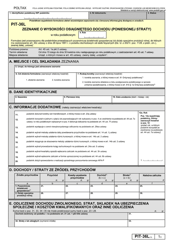 PIT-36L (18) (archiwalny) (2021) Zeznanie o wysokości osiągniętego dochodu (poniesionej straty)