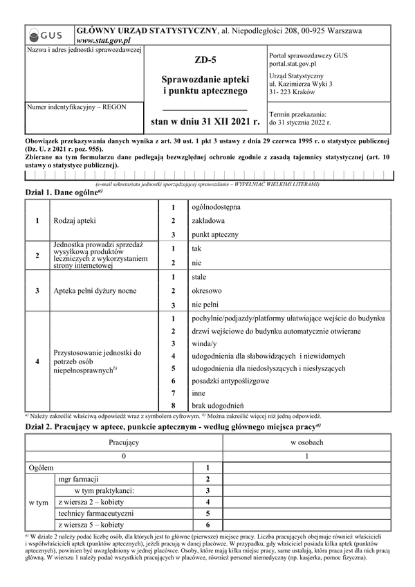 GUS ZD-5 (2021) (archiwalny) Sprawozdanie apteki i punktu aptecznego stan w dniu 31 XII 2021 r.