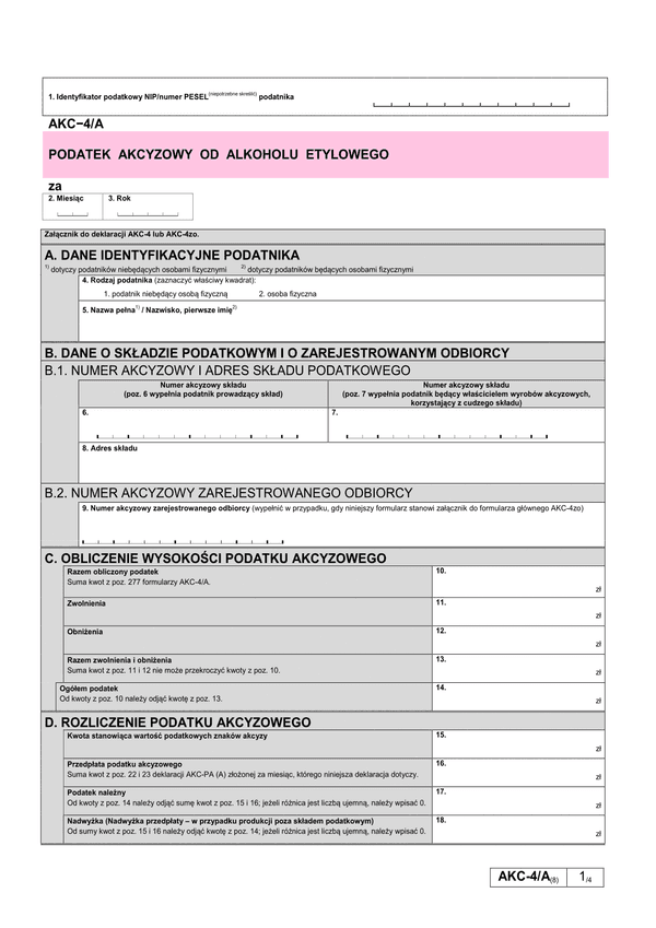 AKC-4/A (8) Podatek akcyzowy od alkoholu etylowego 