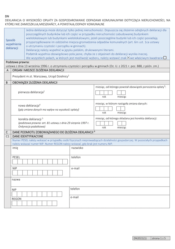 DN Deklaracja o wysokości opłaty za gospodarowanie odpadami komunalnymi dotycząca nieruchomości na której nie zamieszkują mieszkańcy, a powstają odpady komunalne (Warszawa)