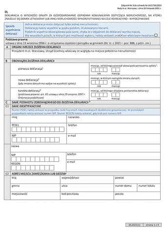 DL Deklaracja o wysokości opłaty za gospodarowanie odpadami komunalnymi dla nieruchomości, na której znajduje się domek letniskowy lub innej nieruchomości wykorzystywanej na cele rekreacyjno-wypoczynkowe