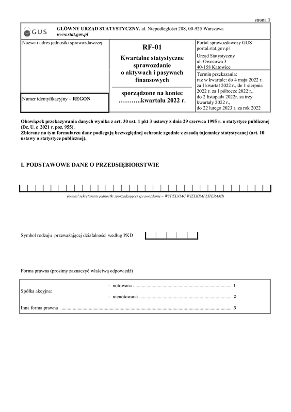 GUS RF-01 (2022) (archiwalny) Kwartalne statystyczne sprawozdanie o aktywach i pasywach finansowych