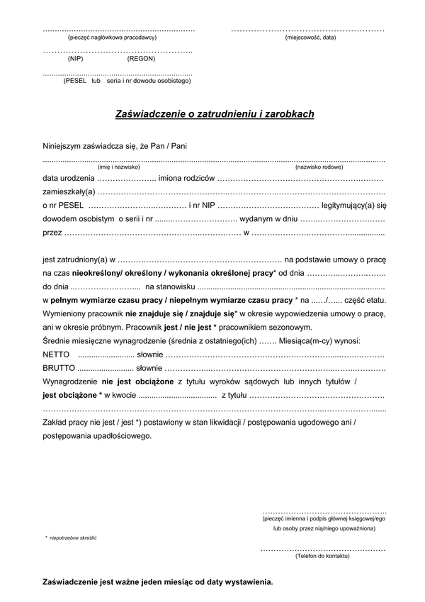 Zaświadczenie o zatrudnieniu i zarobkach