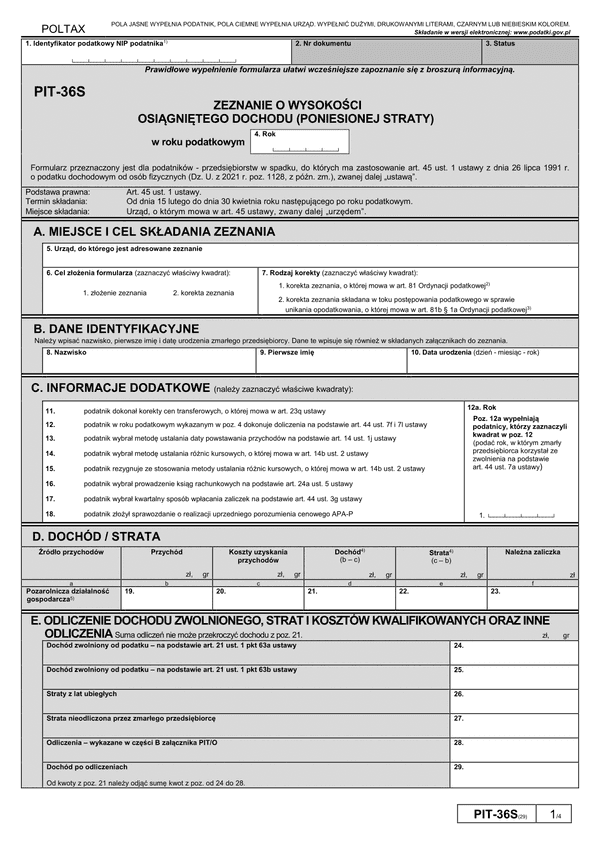 PIT-36S (29) (archiwalny) (2021) Zeznanie o wysokości osiągniętego dochodu (poniesionej straty)