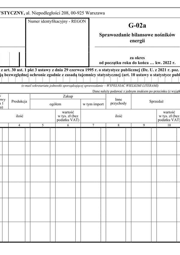 GUS G-02a (archiwalny) (2022) Sprawozdanie bilansowe nośników energii