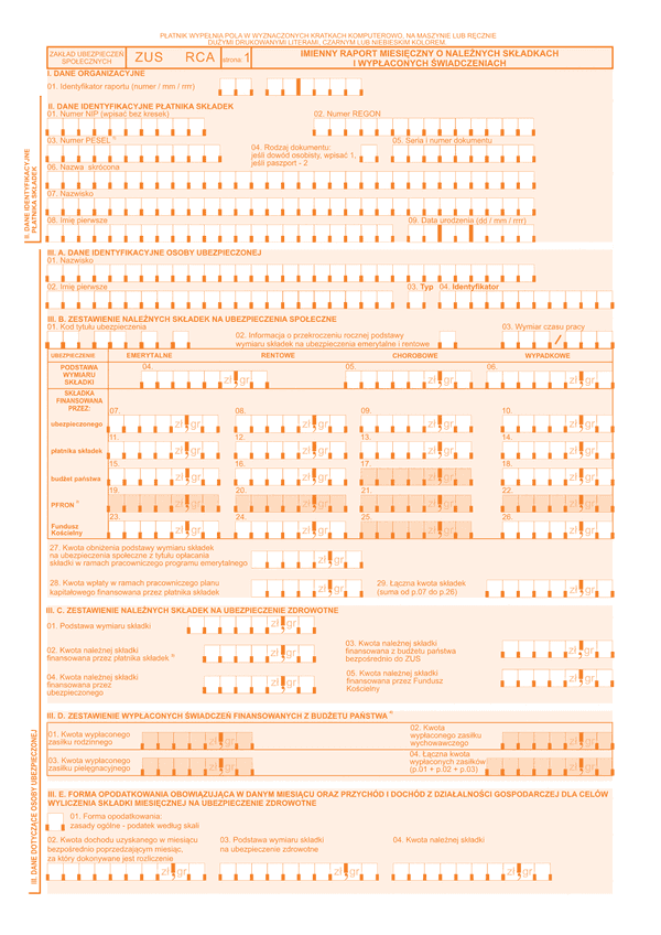 ZUS RCA (archiwalny) Imienny raport miesięczny o należnych składkach i wypłaconych świadczeniach - wersja papierowa