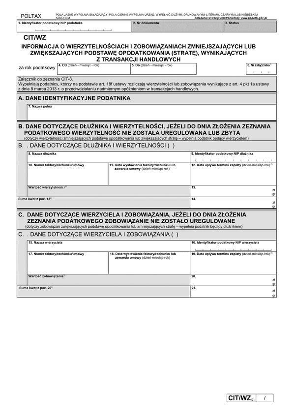 CIT/WZ (2) (archiwalny) Informacja o wierzytelnościach i zobowiązaniach zmniejszających lub zwiększających podstawę opodatkowania (stratę), wynikających z transakcji handlowych
