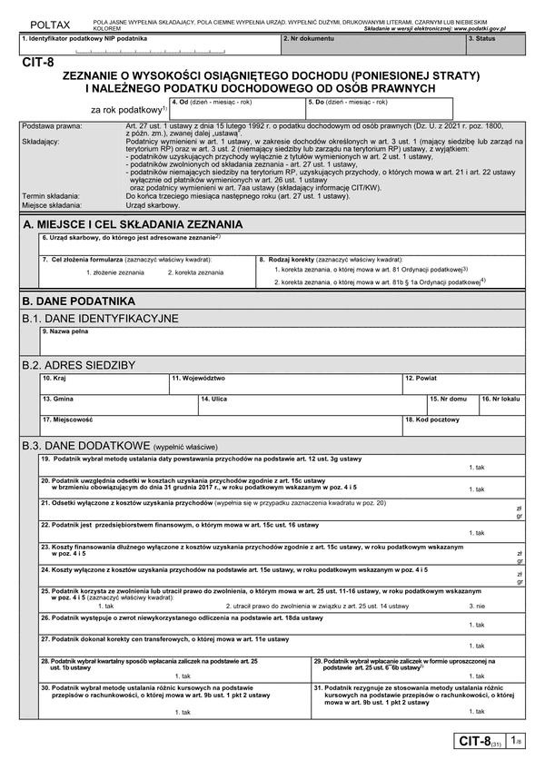 CIT-8 (31) (archiwalny) Zeznanie o wysokości osiągniętego dochodu (poniesionej straty) przez podatnika podatku dochodowego od osób prawnych (dochód/strata osiągnięty po 1 stycznia 2021)