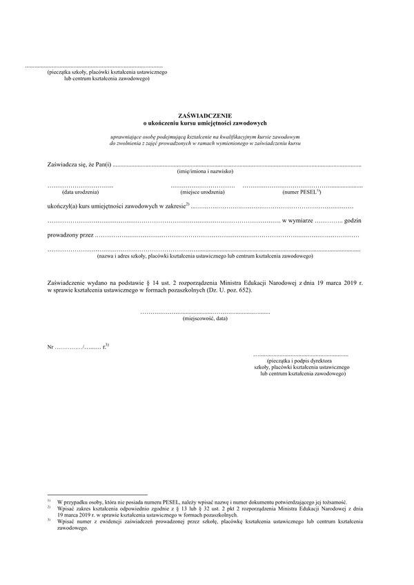 ZoUKUZ (archiwalny) Zaświadczenie o ukończeniu kursu umiejętności zawodowego
