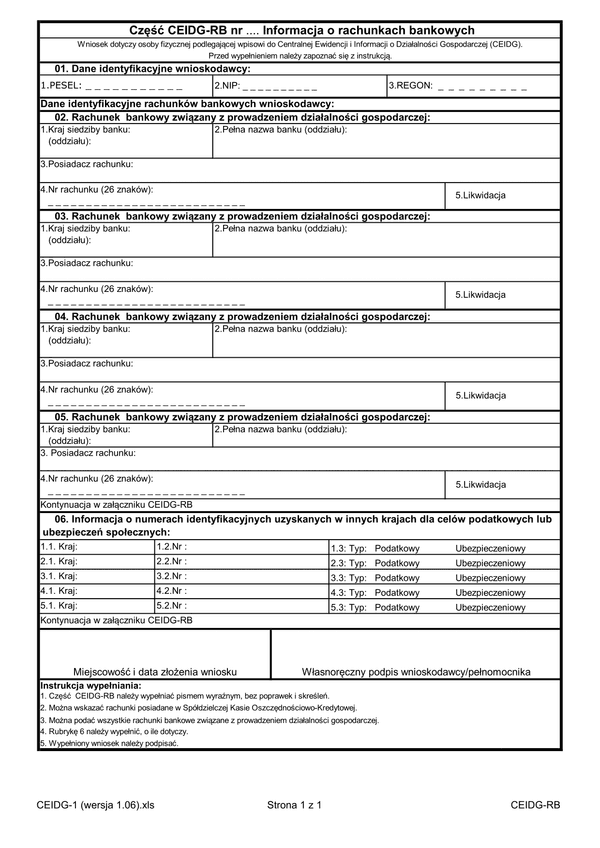 CEIDG-RB (1.06) (archiwalny) Informacja o rachunkach bankowych