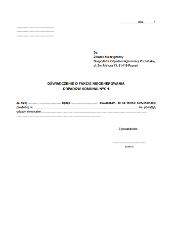 OFNO Oświadczenie o fakcie niegenerowania odpadów komunalnych - Aglomeracja Poznań