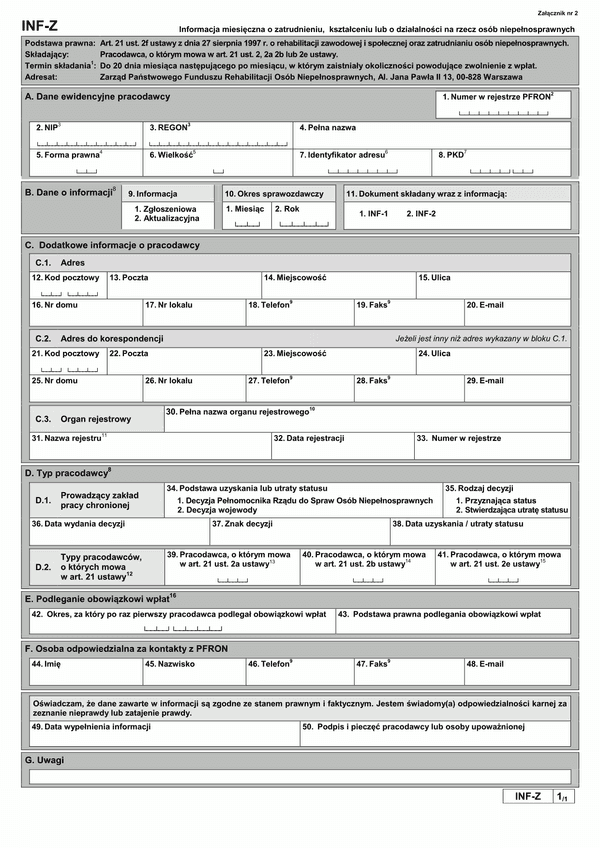 PFRON INF-Z (archiwalny) Informacja miesięczna o zatrudnieniu, kształceniu lub o działalności na rzecz osób niepełnosprawnych