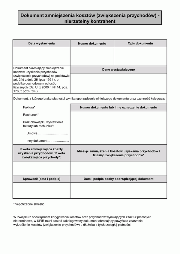 DZmK (archiwalny) Dokument zmniejszenia kosztów (zwiększenia przychodów) - nierzetelny kontrahent