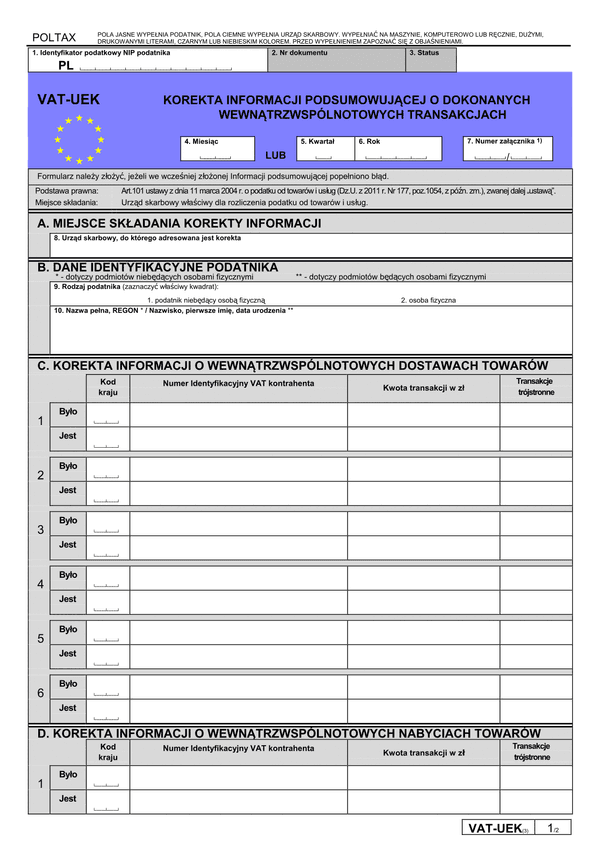 VAT-UEK (3) (archiwalny) Korekta informacji podsumowującej o dokonanych wewnątrzwspólnotowych transakcjach