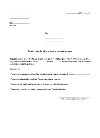 PPNUP Powierzenie innej pracy niż w umowie o pracę