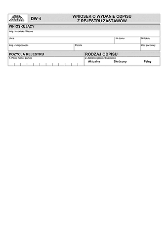 DW-4 Wniosek o wydanie odpisu z rejestru zastawów