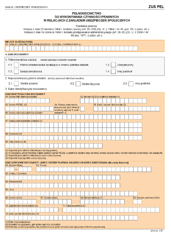 ZUS PEL (archiwalny) Pełnomocnictwo do wykonywania czynności prawnych w relacjach z Zakładem Ubezpieczeń Społecznych