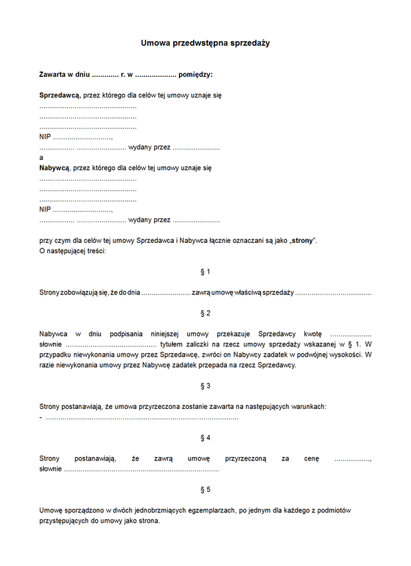 UPS Umowa przedwstępna sprzedaży