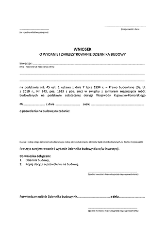 WoWDB-B  Wniosek o wydanie i zarejestrowanie dziennika budowy Bydgoszcz