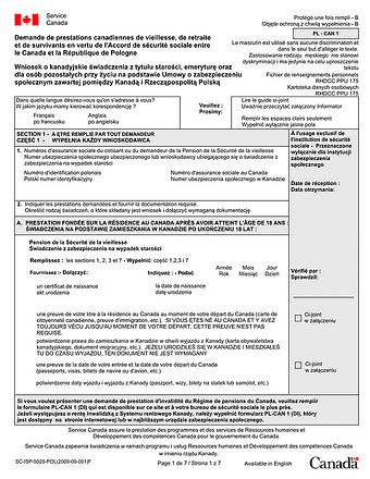 PL-CAN 1 (f) Wniosek o kanadyjskie świadczenia z tytułu starości, emeryturę oraz dla osób pozostałych przy życiu na podstawie Umowy o zabezpieczeniu społecznym zawartej pomiędzy Kanadą i Rzecząpospolitą Polską w wersji polsko-francuskiej